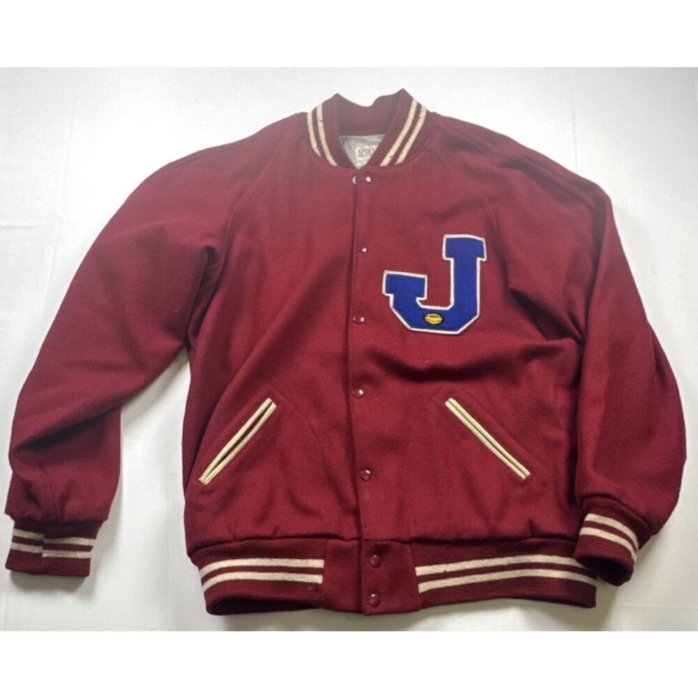 Vintage Letterman Jacket Sport King Red Cream Blue 'J' Patch Size 46